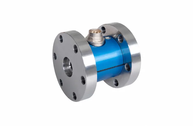 Supplier photograph of a blue double-flange torque sensor with six threaded front holes, central bore, black body seam and top circular connector.
