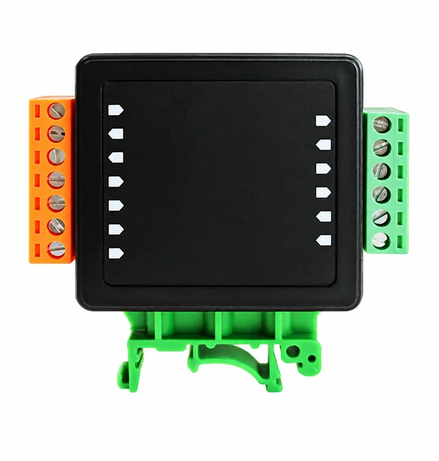 Supplier photograph of a black DIN-rail bridge transmitter with seven orange left terminals, six green right terminals and complete green mounting hook.