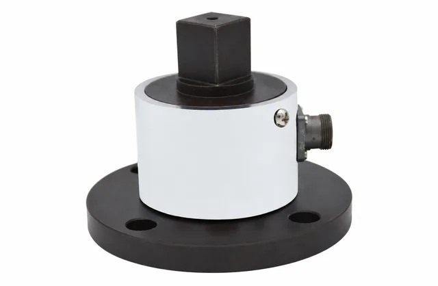 Male square drive torque sensor with a white sleeve, black round flange and side connector