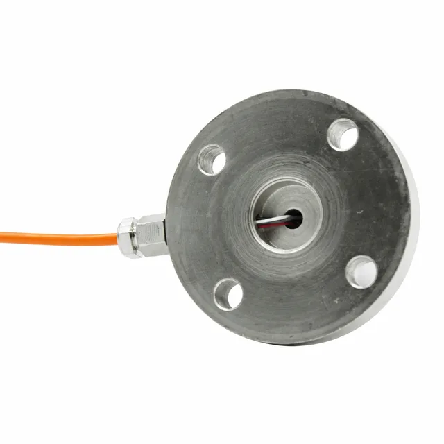 Underside of a static torque sensor with four mounting holes, central wiring opening and orange cable